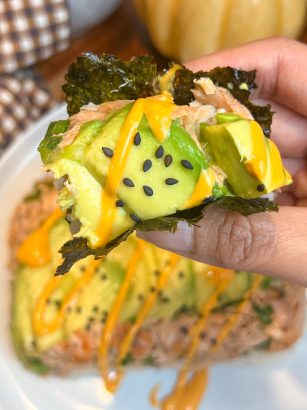 Korean tuna stack with avocado, sushi rice, spicy mayo, Sriracha and roasted seaweed