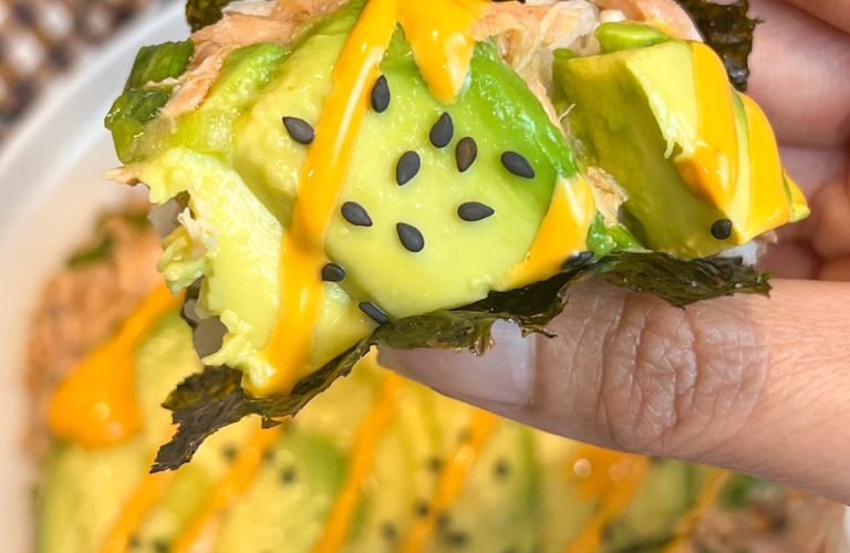 Korean tuna stack with avocado, sushi rice, spicy mayo, Sriracha and roasted seaweed