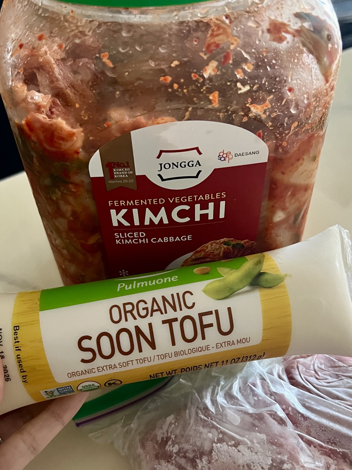 Jongga sliced cabbage kimchi and Pulmuone extra soft Soon Tofu