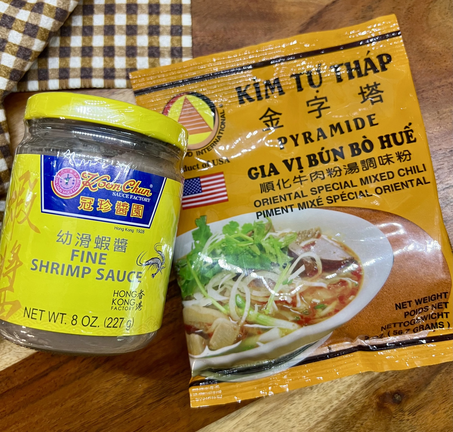 The Pyramid bún bò Huế seasoning packet and Koon Chun Fine Shrimp Sauce I used