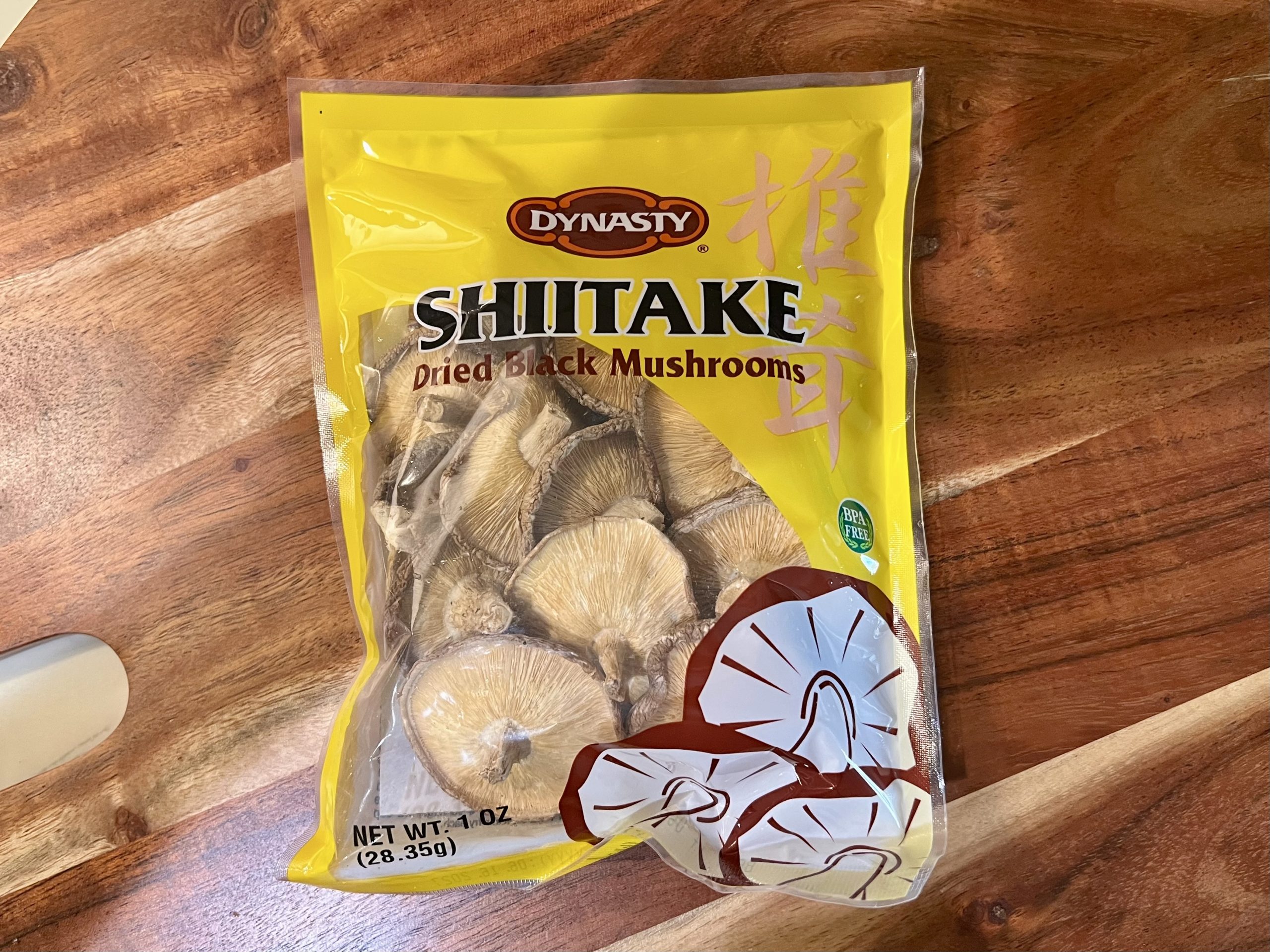 Package of Dynasty dried shiitake mushrooms used in Vietnamese chicken macaroni soup.