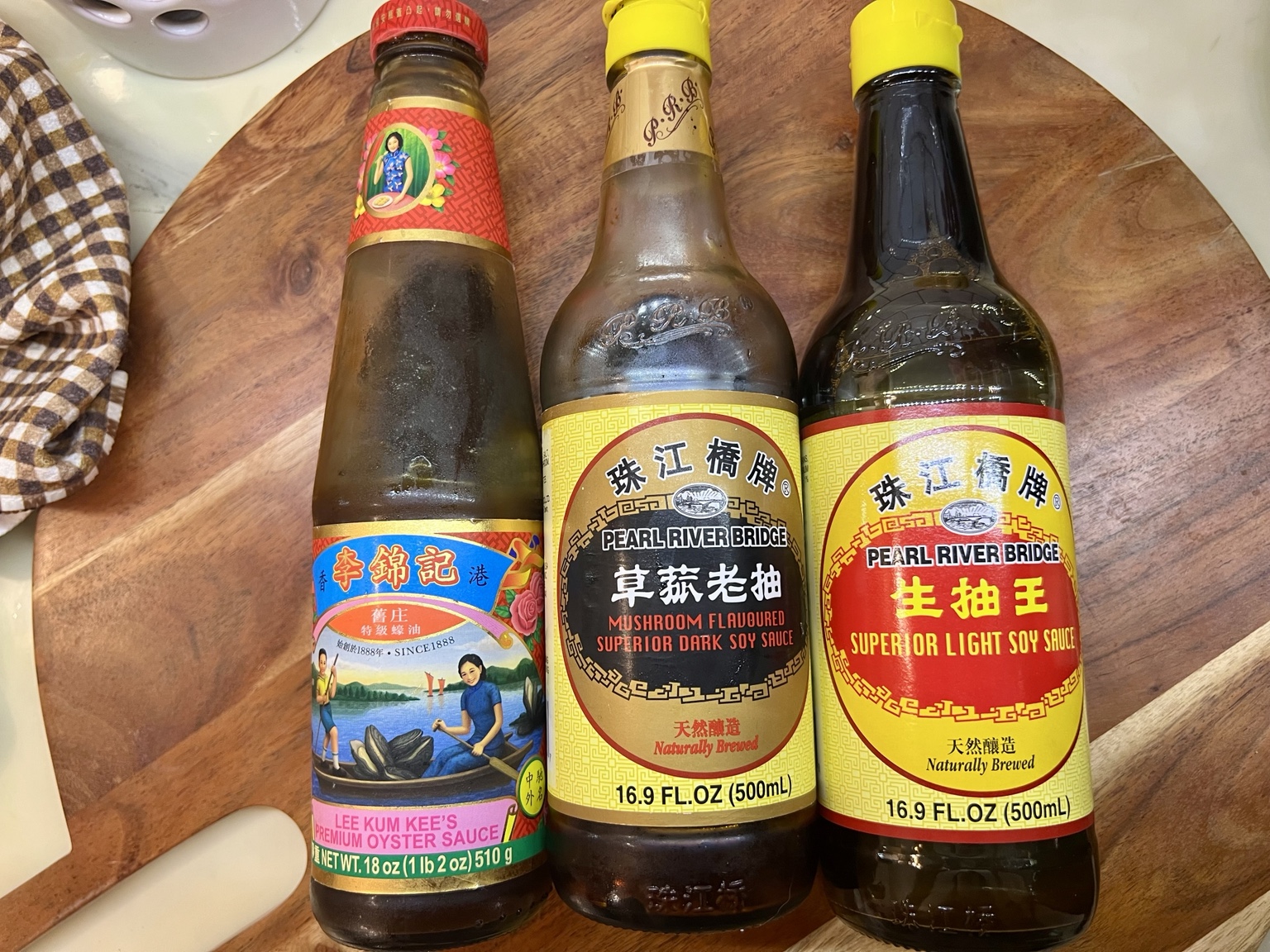 Oyster sauce, mushroom dark soy sauce, and light soy sauce