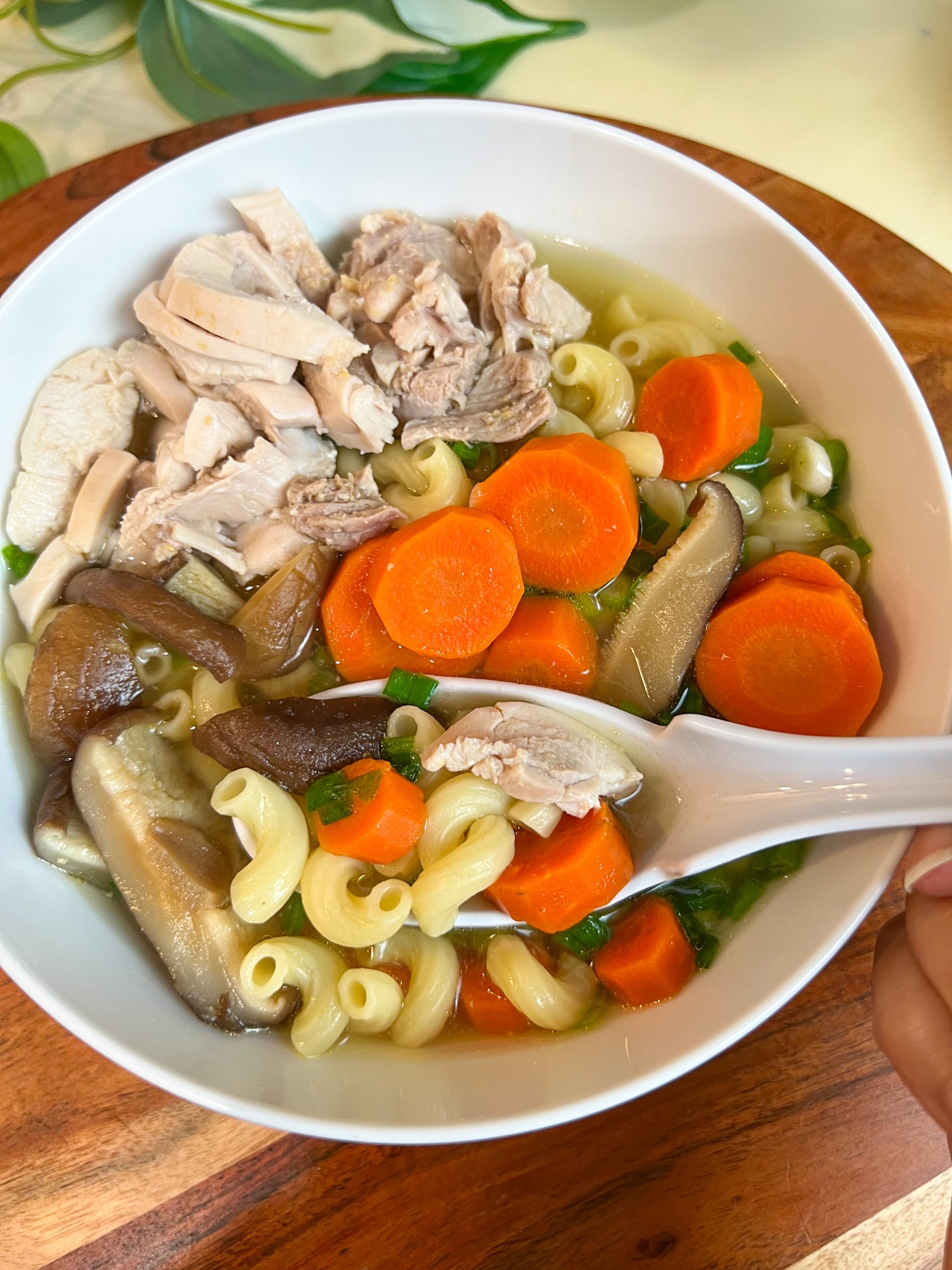 Vietnamese chicken macaroni soup with chicken, carrots, shiitake mushrooms, and green onions.